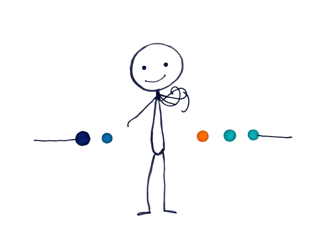 A stick figure untangling a knot into six clear connected steps